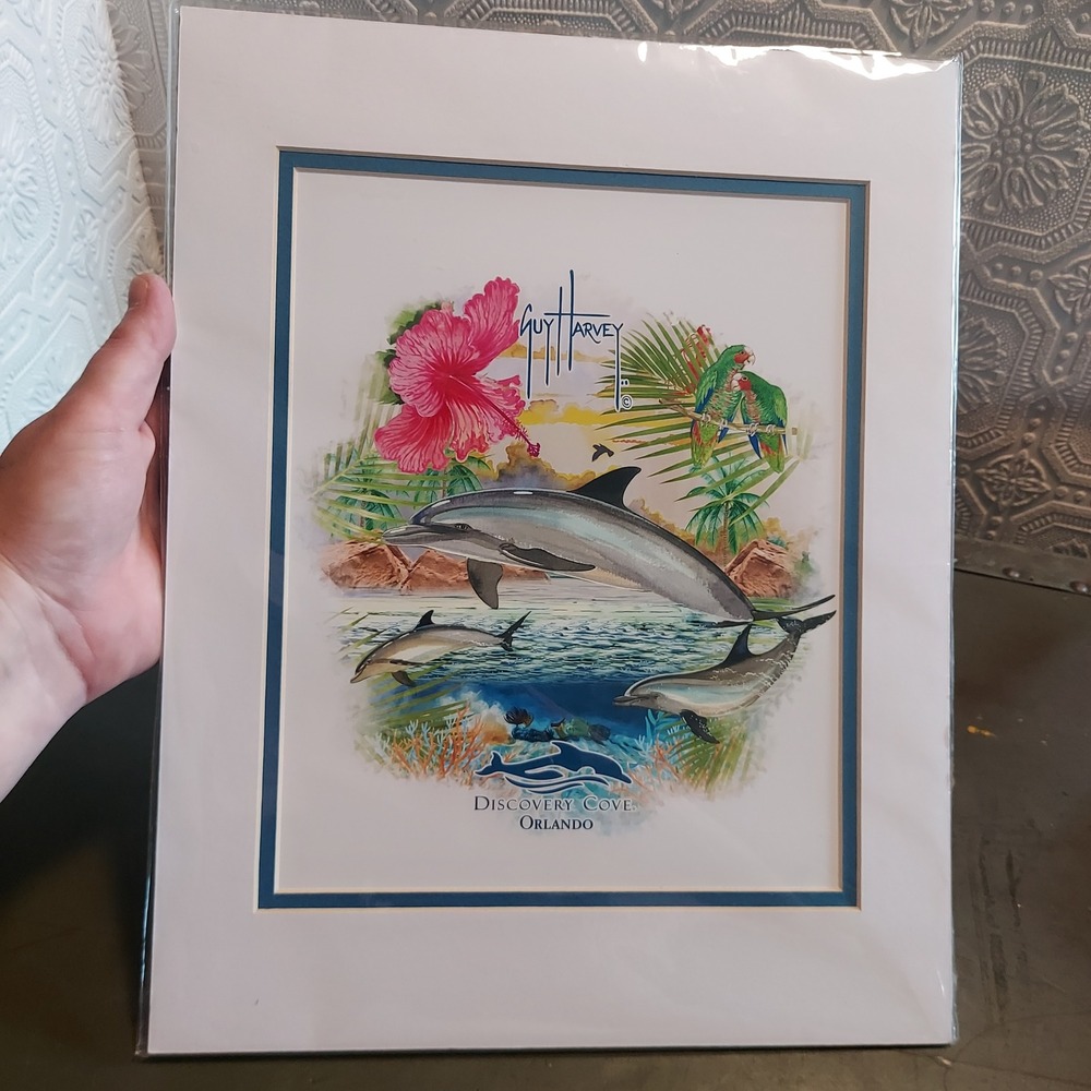 Guy Harvey Discovery Cove Orlando Dolphin Tropical Matted Art Print 11x14 NEW